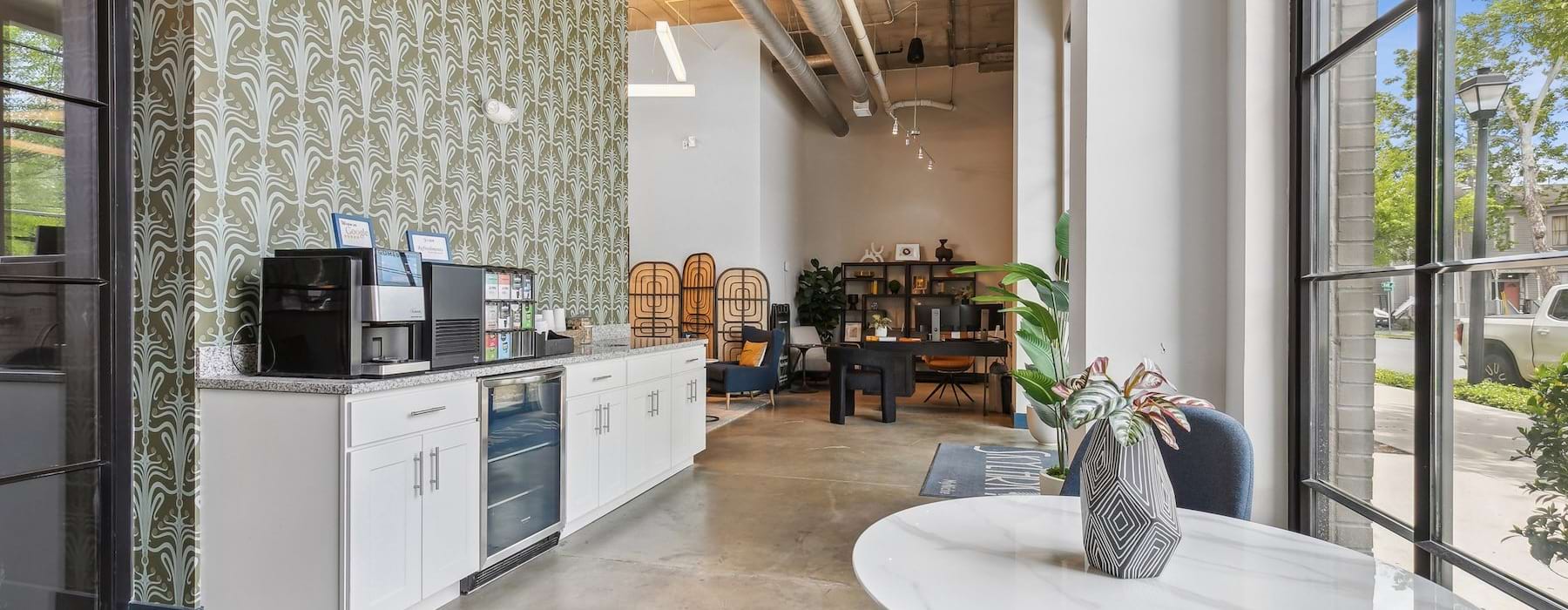a clubroom with a table and chairs